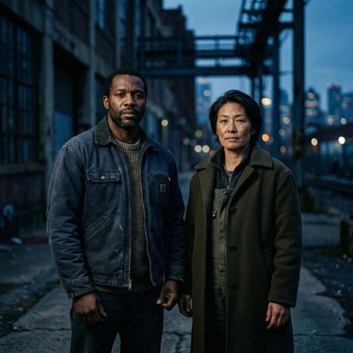 Two workers standing shoulder to shoulder in industrial setting, calm solidarity