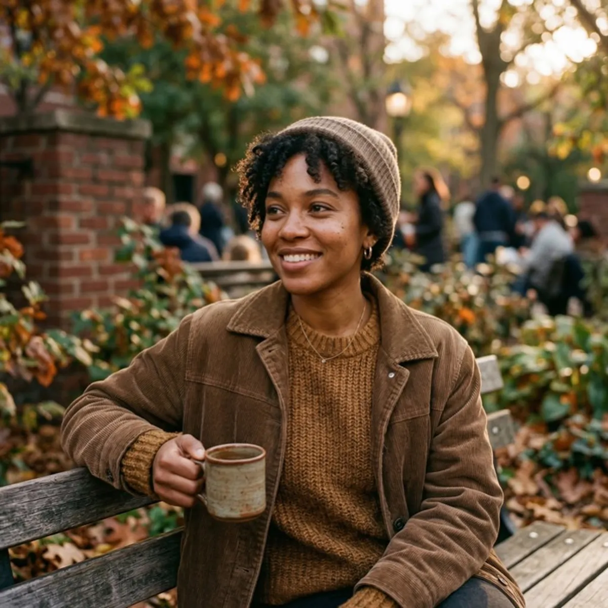 Woman on park bench in autumn, warm brown tones, belonging and community