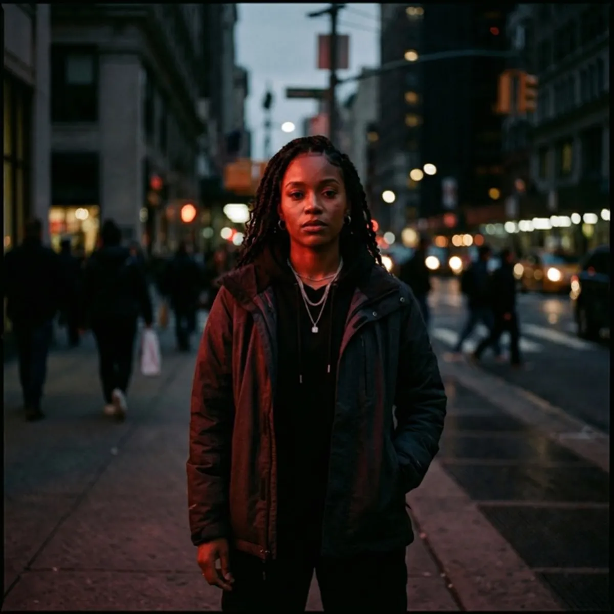 Young woman standing on a city street at dusk, intense defiant gaze, courage