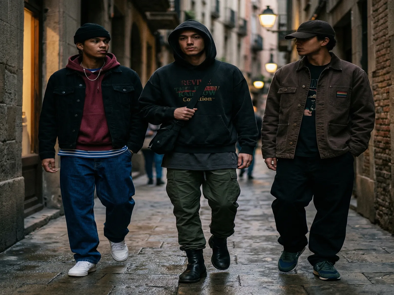 Diverse group gathered on brownstone stoop at dusk, warm editorial lighting, community and solidarity