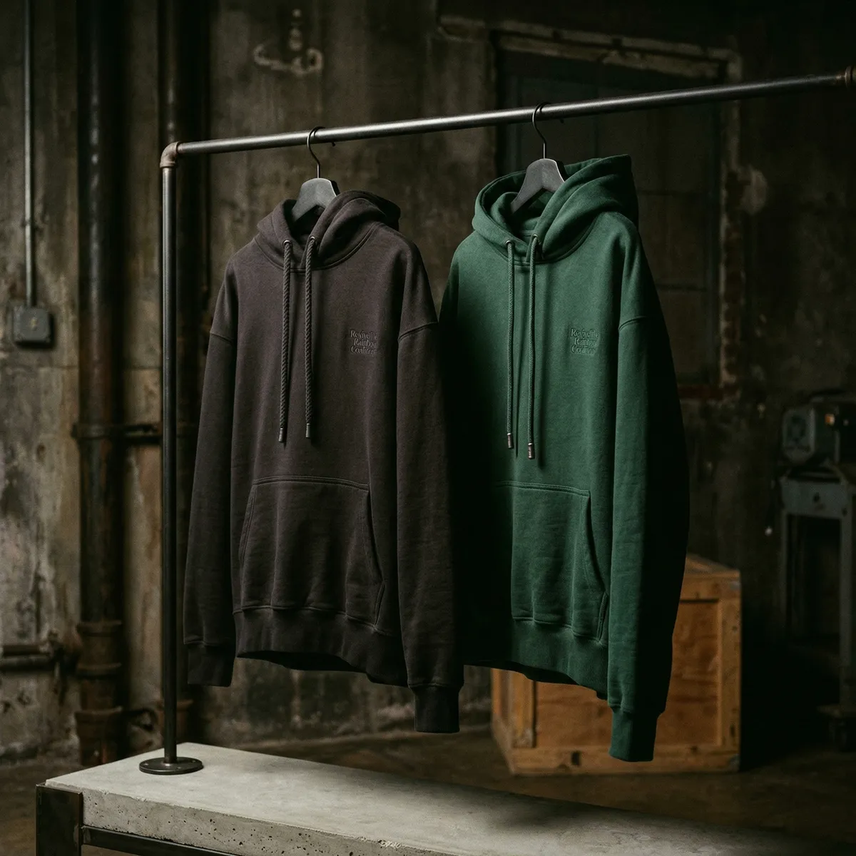 Two RTRC hoodies in black and green hanging on industrial pipe rack