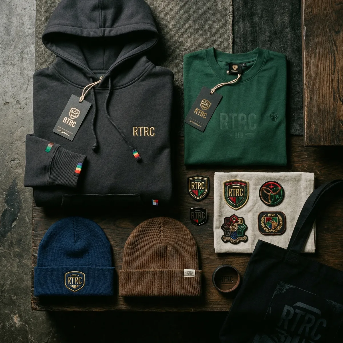 RTRC full collection flat lay with hoodies, tees, beanies, patches, and tote bag