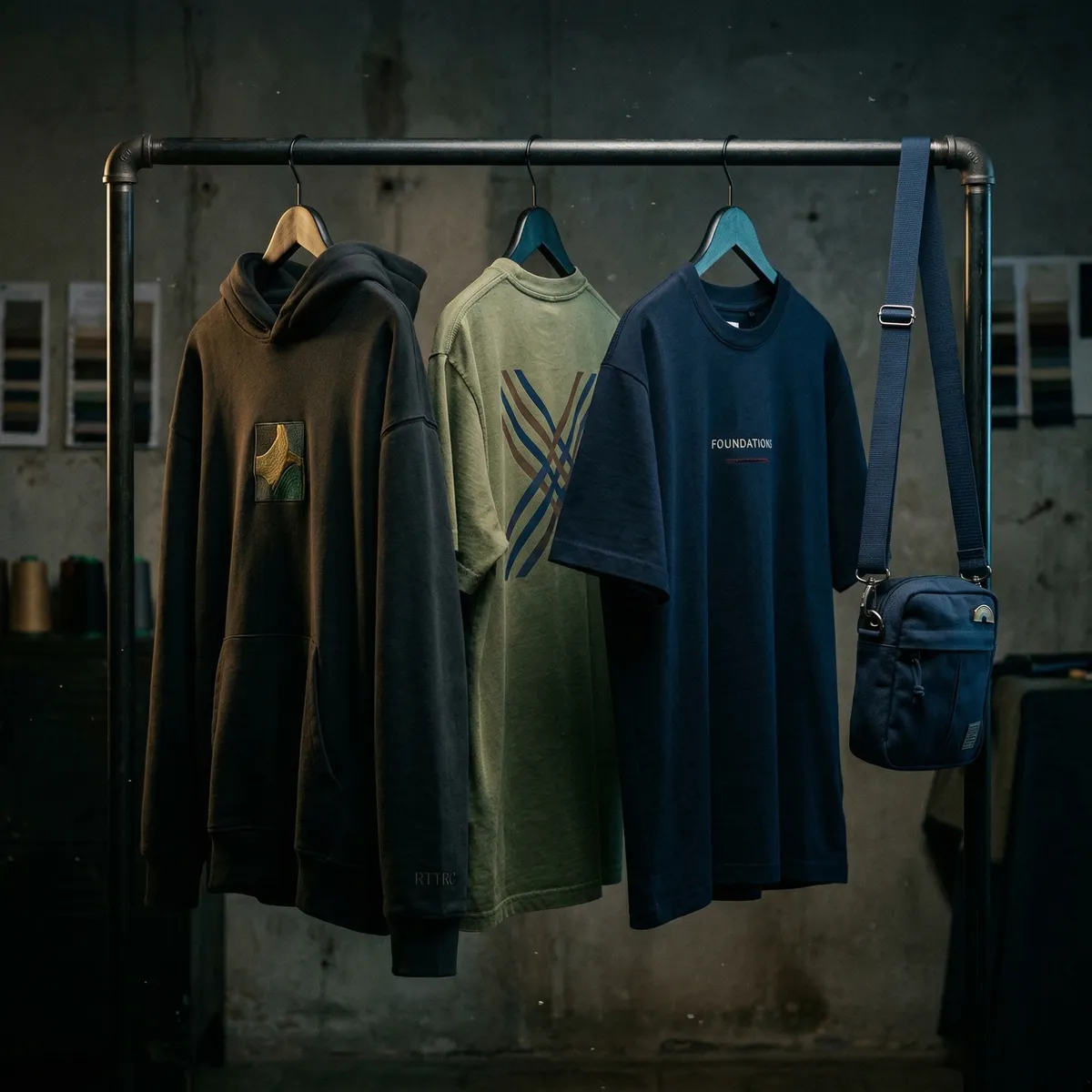 RTRC clothing collection on industrial pipe rack with hoodie, tee, and crossbody bag